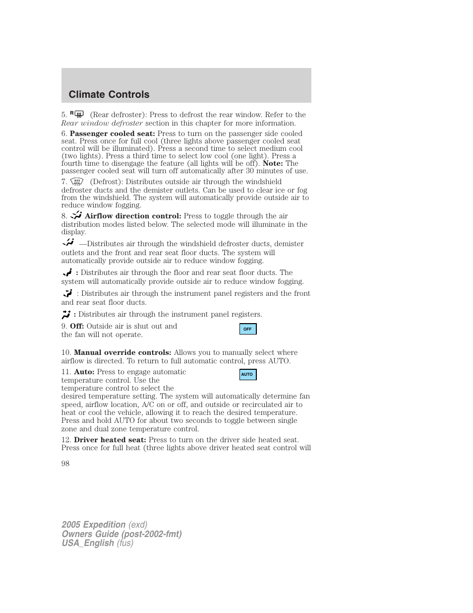 Climate controls | FORD 2005 Expedition v.2 User Manual | Page 98 / 376