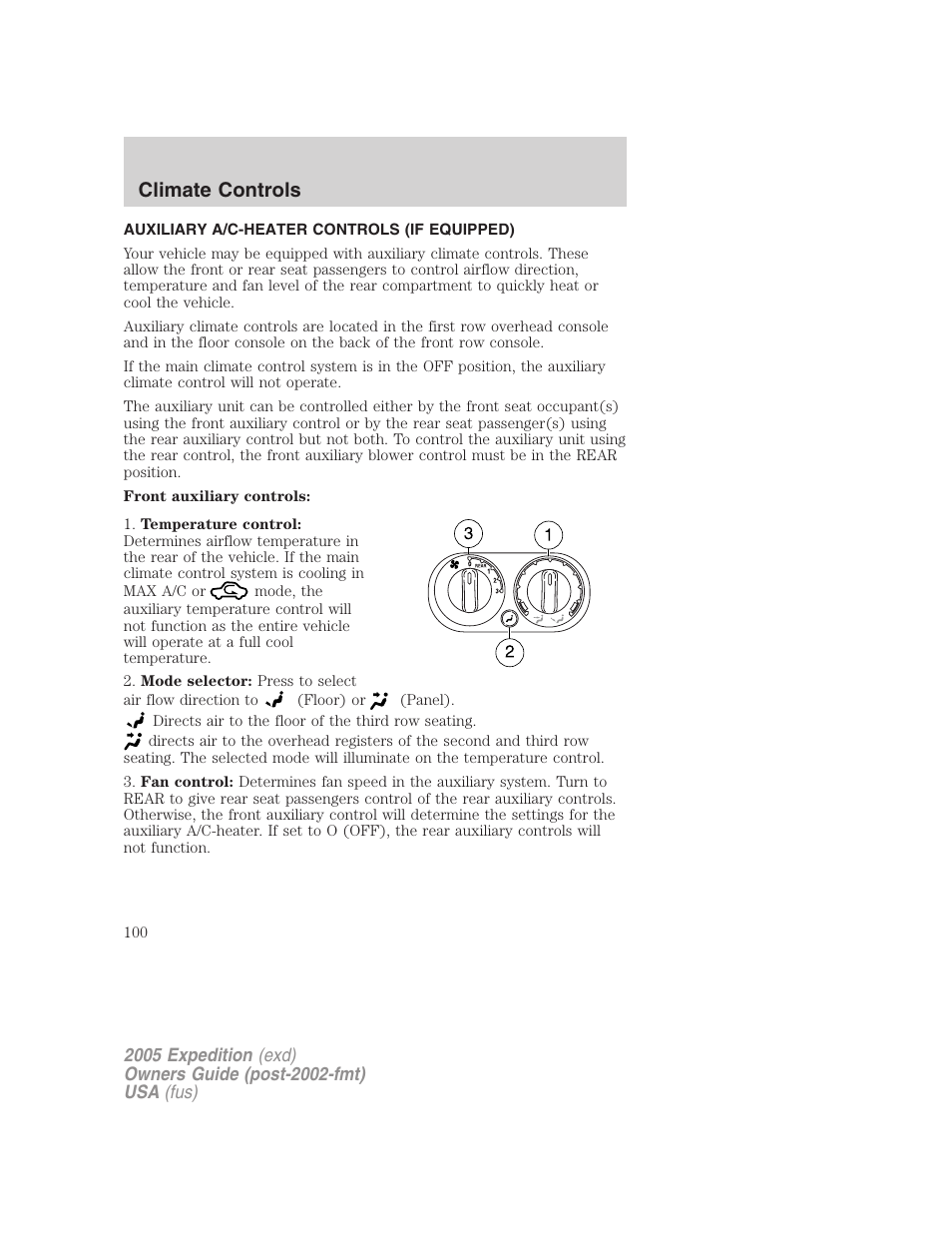 Auxiliary a/c-heater controls (if equipped), Auxiliary passenger climate control, Climate controls | FORD 2005 Expedition v.3 User Manual | Page 100 / 376