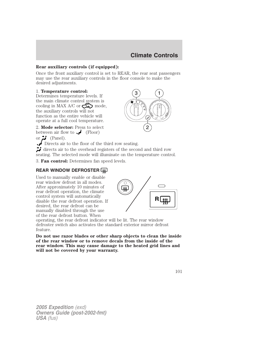 Rear window defroster, Climate controls | FORD 2005 Expedition v.3 User Manual | Page 101 / 376