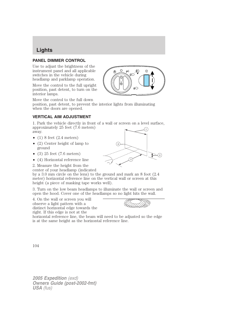 Panel dimmer control, Vertical aim adjustment, Lights | FORD 2005 Expedition v.3 User Manual | Page 104 / 376