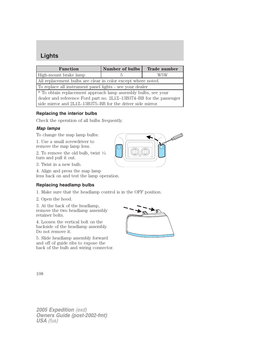 Replacing the interior bulbs, Map lamps, Replacing headlamp bulbs | Lights | FORD 2005 Expedition v.3 User Manual | Page 108 / 376