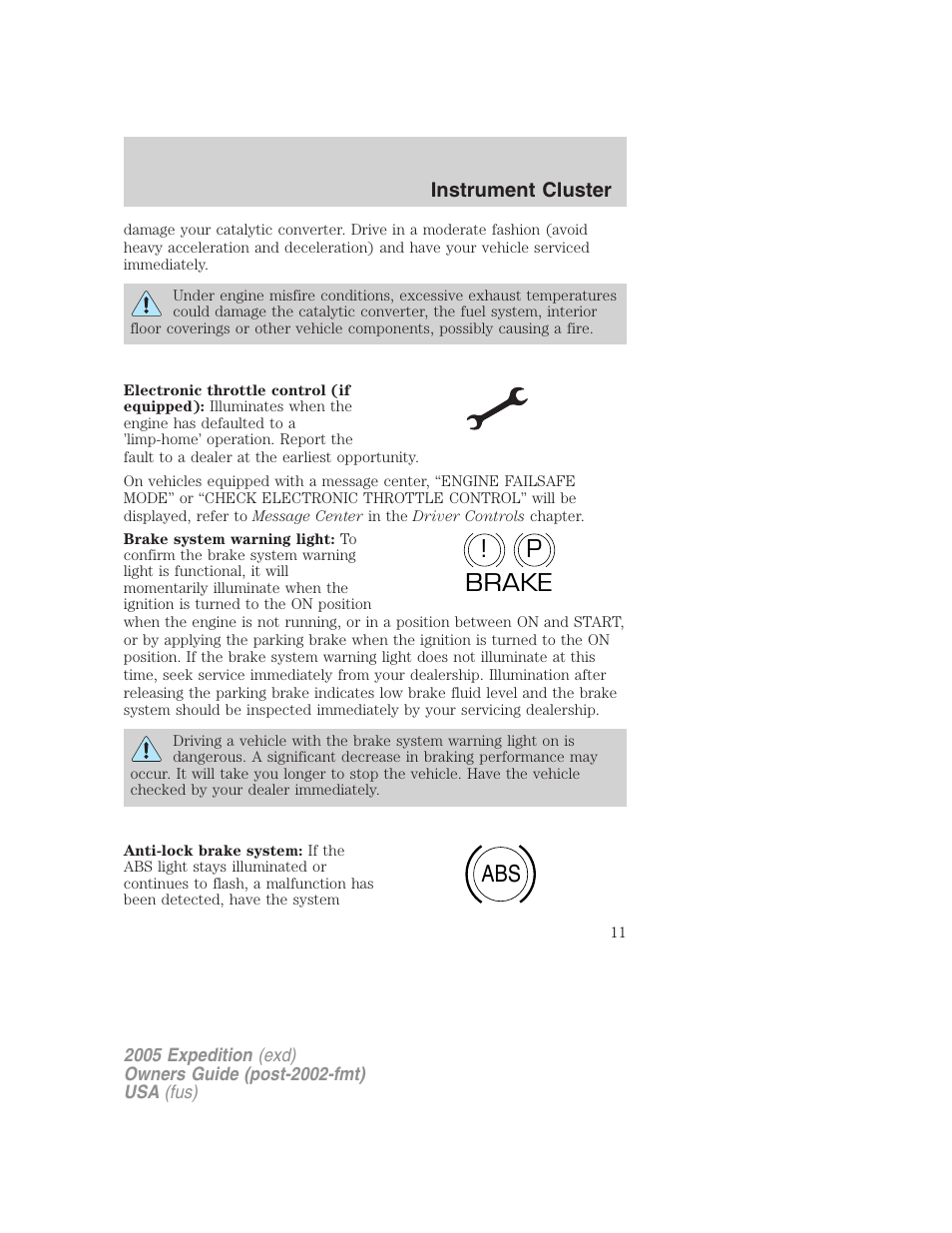 P! brake abs | FORD 2005 Expedition v.3 User Manual | Page 11 / 376