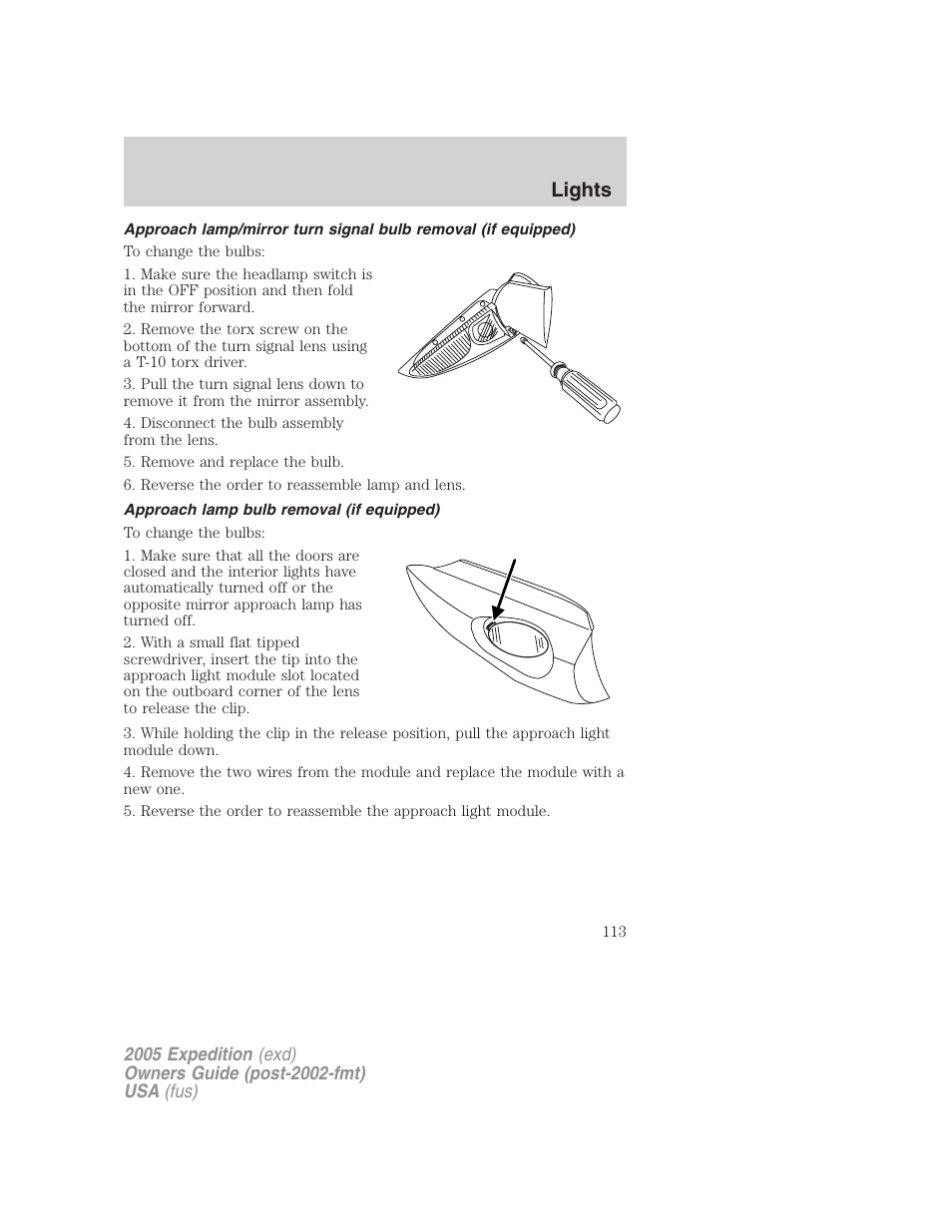 Approach lamp bulb removal (if equipped), Lights | FORD 2005 Expedition v.3 User Manual | Page 113 / 376