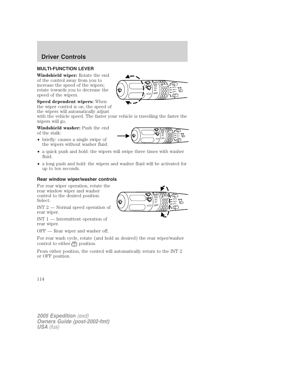 Driver controls, Multi-function lever, Rear window wiper/washer controls | Windshield wiper/washer control | FORD 2005 Expedition v.3 User Manual | Page 114 / 376