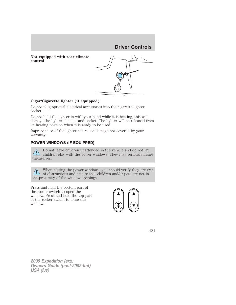 Power windows (if equipped), Power windows, Driver controls | FORD 2005 Expedition v.3 User Manual | Page 121 / 376