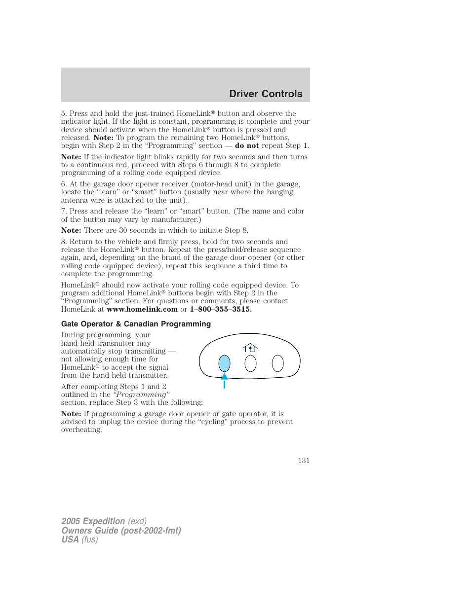 Gate operator & canadian programming, Driver controls | FORD 2005 Expedition v.3 User Manual | Page 131 / 376