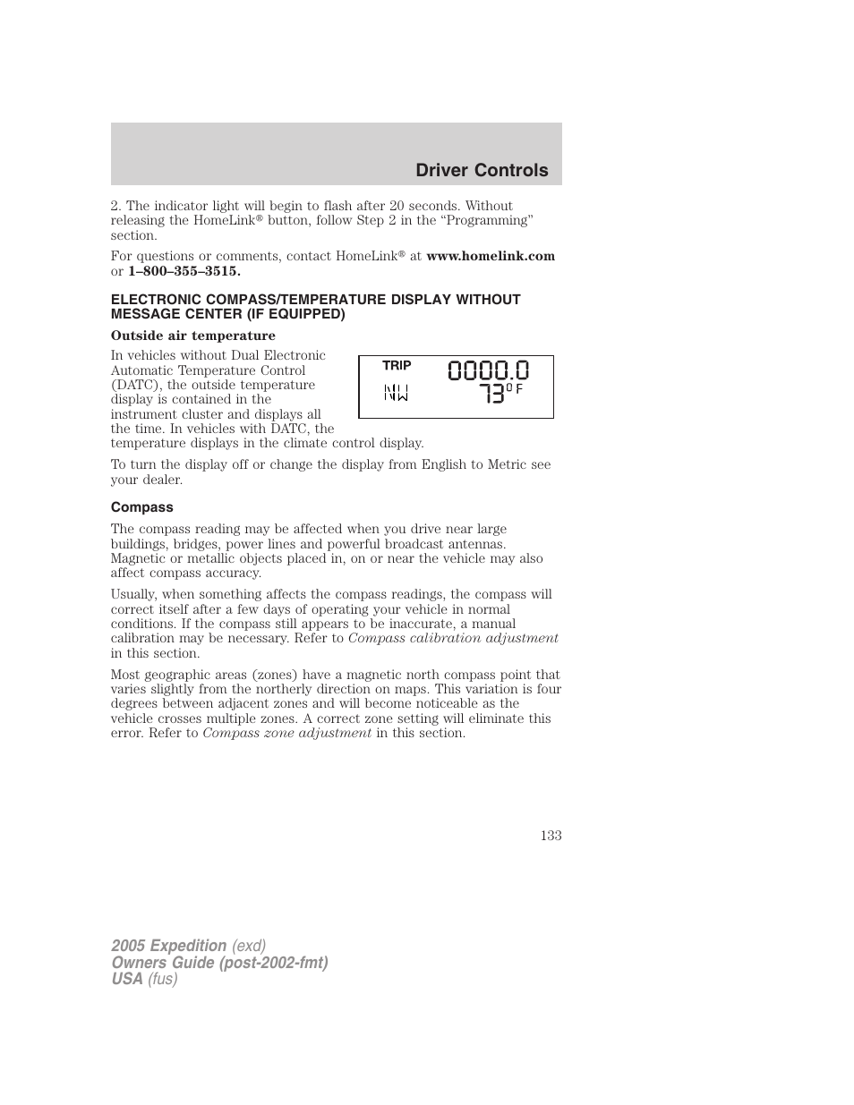 Compass, Driver controls | FORD 2005 Expedition v.3 User Manual | Page 133 / 376