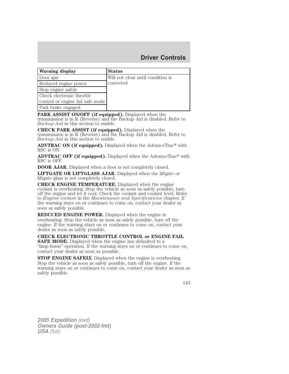 Driver controls | FORD 2005 Expedition v.3 User Manual | Page 143 / 376