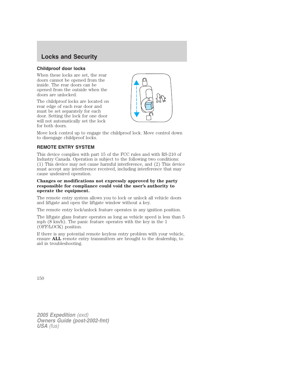 Childproof door locks, Remote entry system, Anti-theft system | Locks and security | FORD 2005 Expedition v.3 User Manual | Page 150 / 376