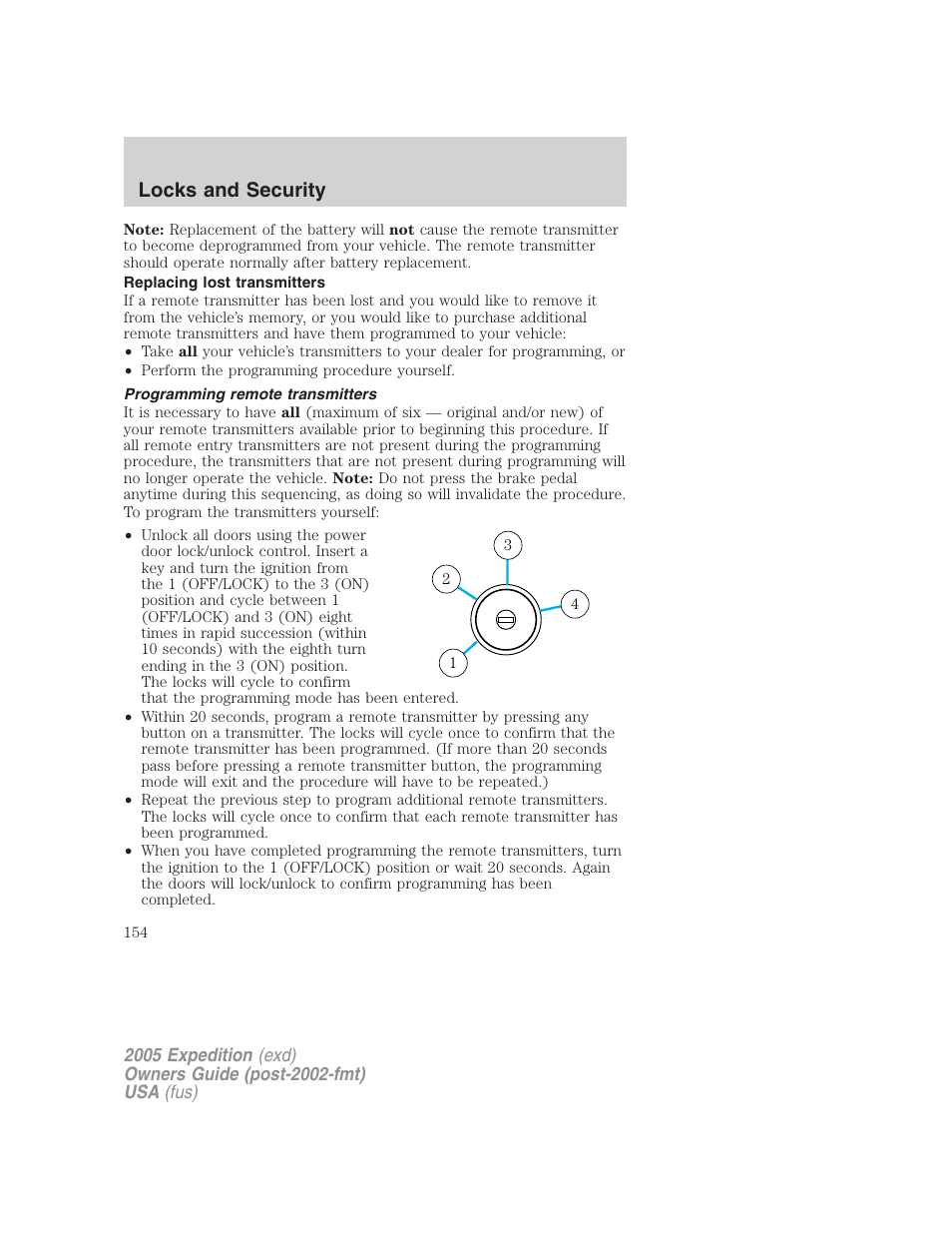 Replacing lost transmitters, Programming remote transmitters, Locks and security | FORD 2005 Expedition v.3 User Manual | Page 154 / 376