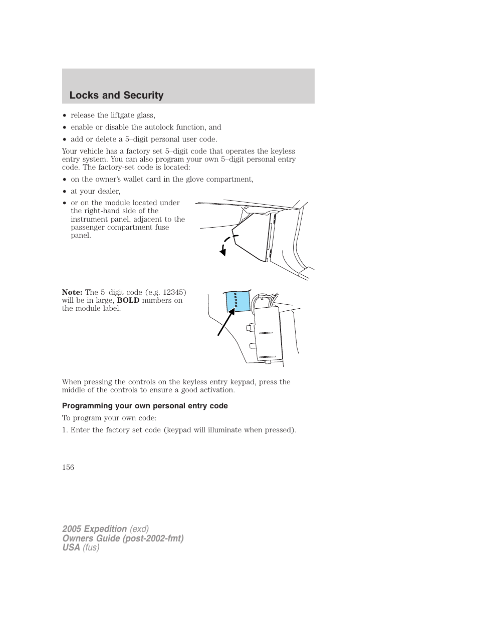 Programming your own personal entry code, Locks and security | FORD 2005 Expedition v.3 User Manual | Page 156 / 376