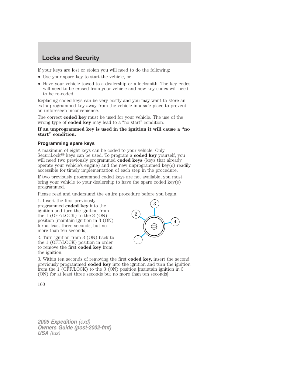 Programming spare keys, Locks and security | FORD 2005 Expedition v.3 User Manual | Page 160 / 376