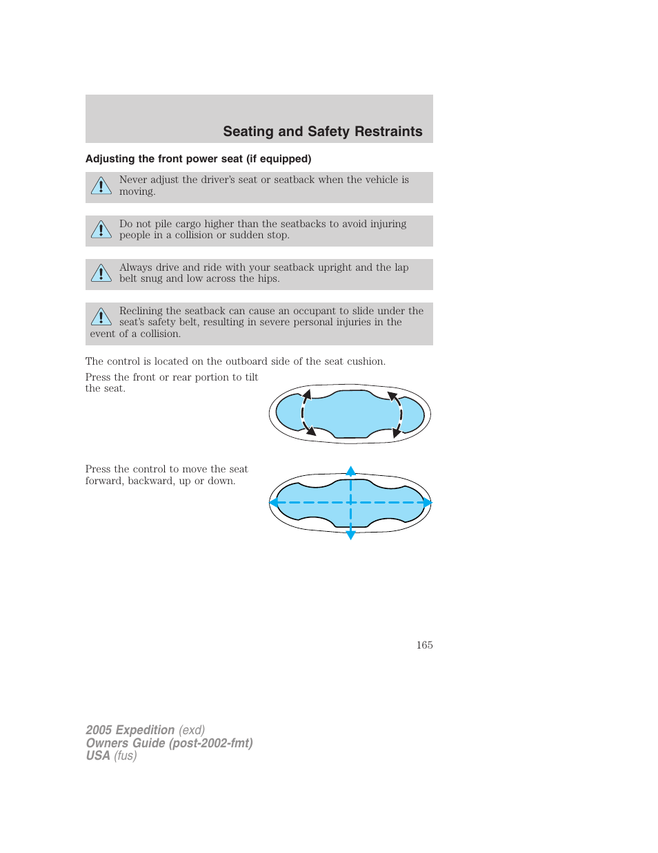 Adjusting the front power seat (if equipped), Seating and safety restraints | FORD 2005 Expedition v.3 User Manual | Page 165 / 376