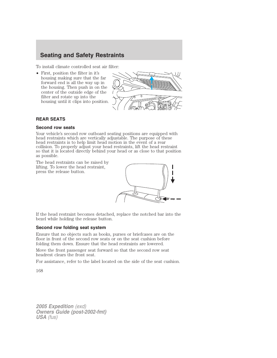 Rear seats, Second row seats, Second row folding seat system | Seating and safety restraints | FORD 2005 Expedition v.3 User Manual | Page 168 / 376