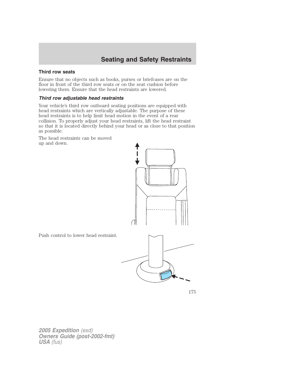 Third row seats, Third row adjustable head restraints, Seating and safety restraints | FORD 2005 Expedition v.3 User Manual | Page 175 / 376