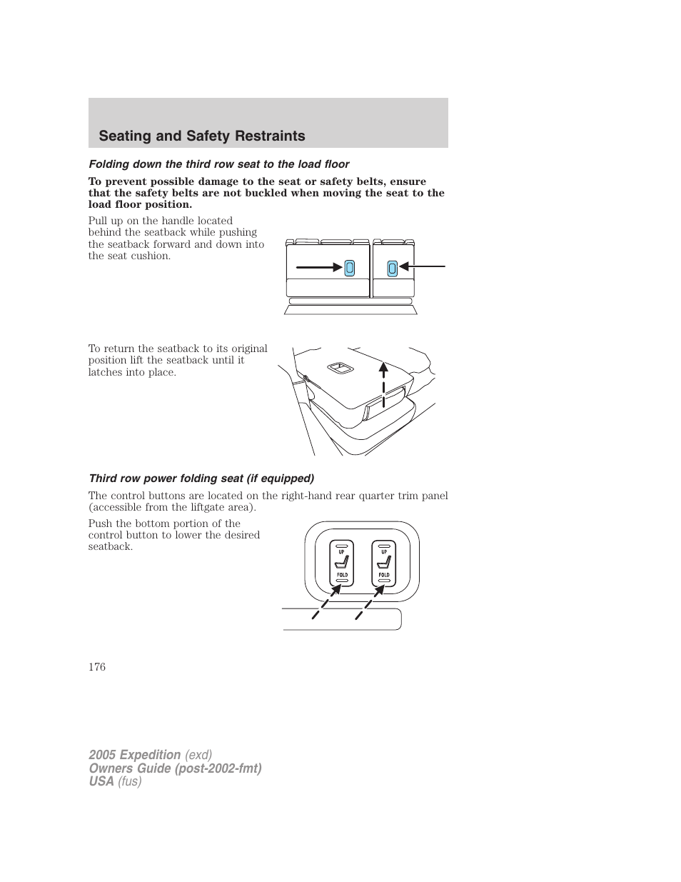 Folding down the third row seat to the load floor, Third row power folding seat (if equipped), Seating and safety restraints | FORD 2005 Expedition v.3 User Manual | Page 176 / 376