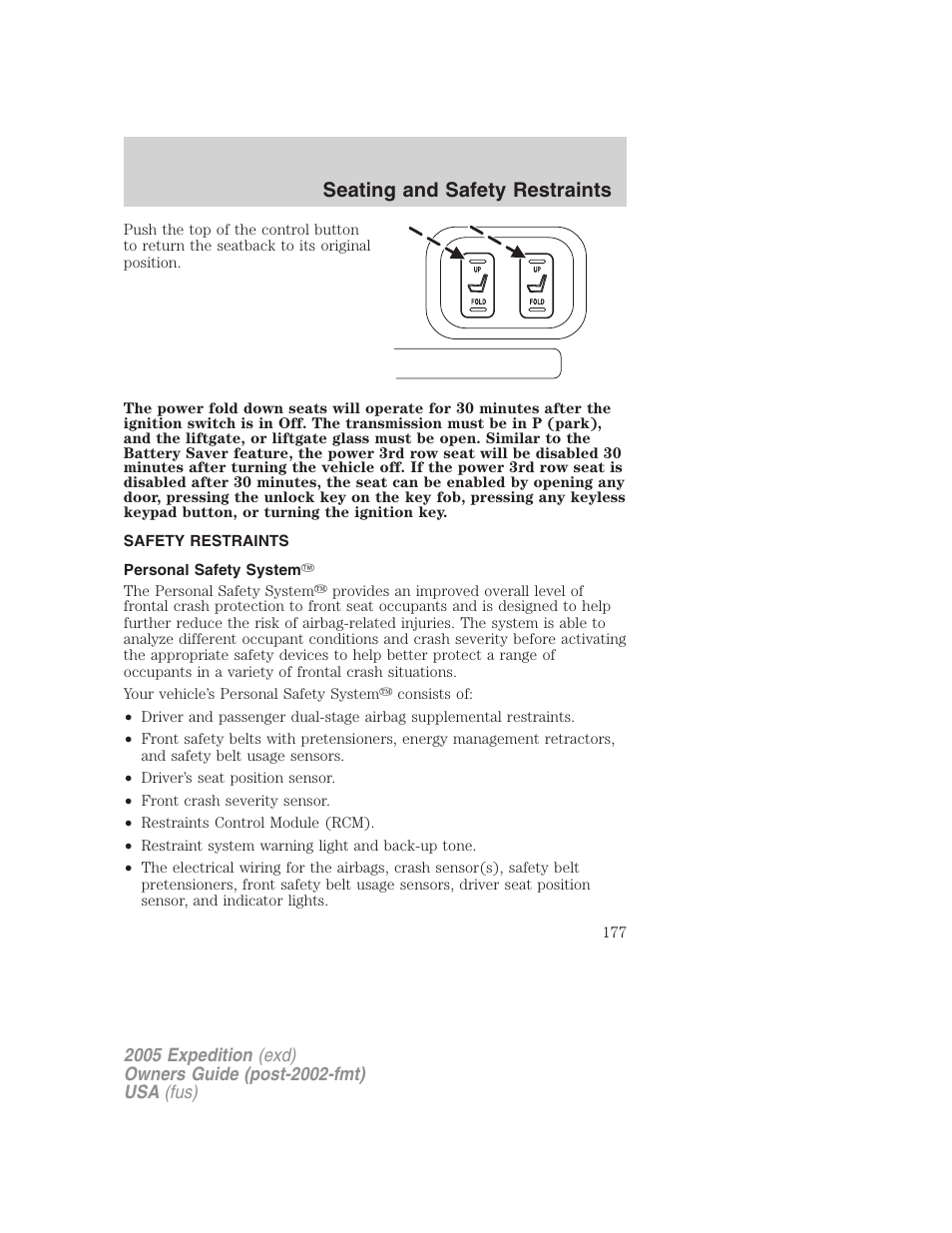 Safety restraints, Personal safety system, Seating and safety restraints | FORD 2005 Expedition v.3 User Manual | Page 177 / 376