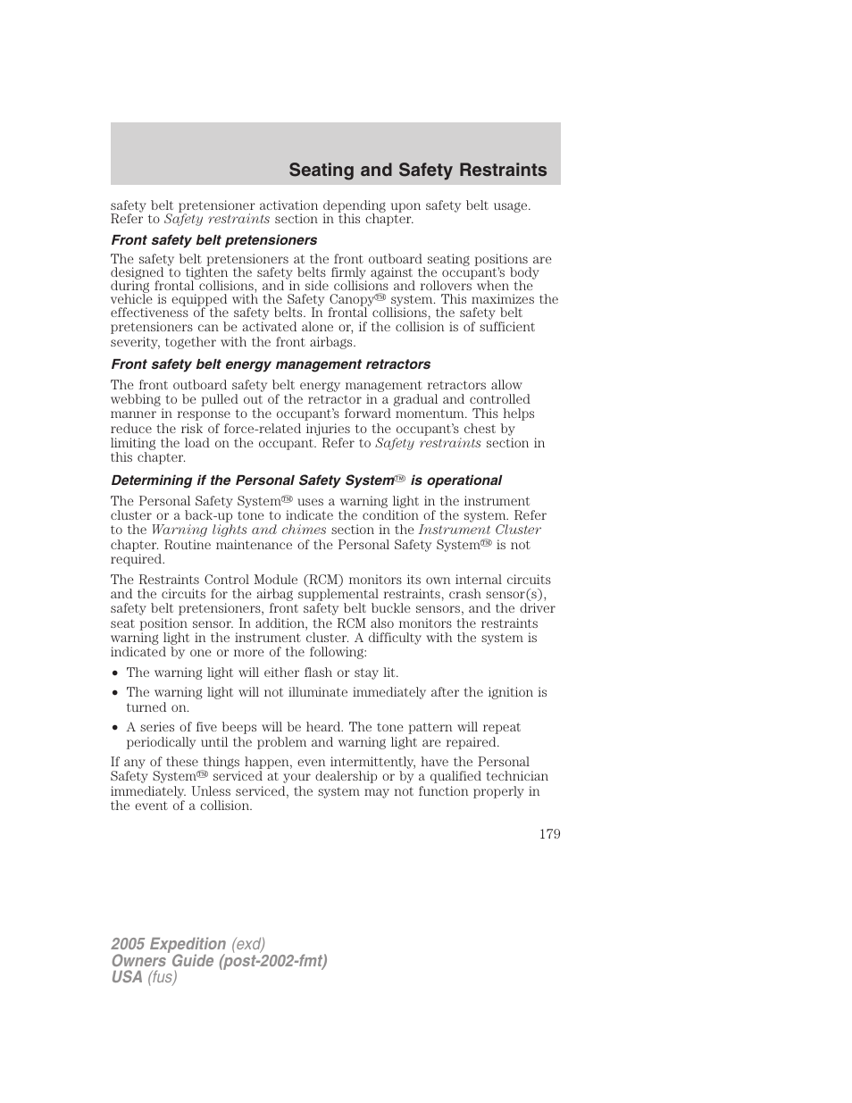 Front safety belt pretensioners, Front safety belt energy management retractors, Seating and safety restraints | FORD 2005 Expedition v.3 User Manual | Page 179 / 376