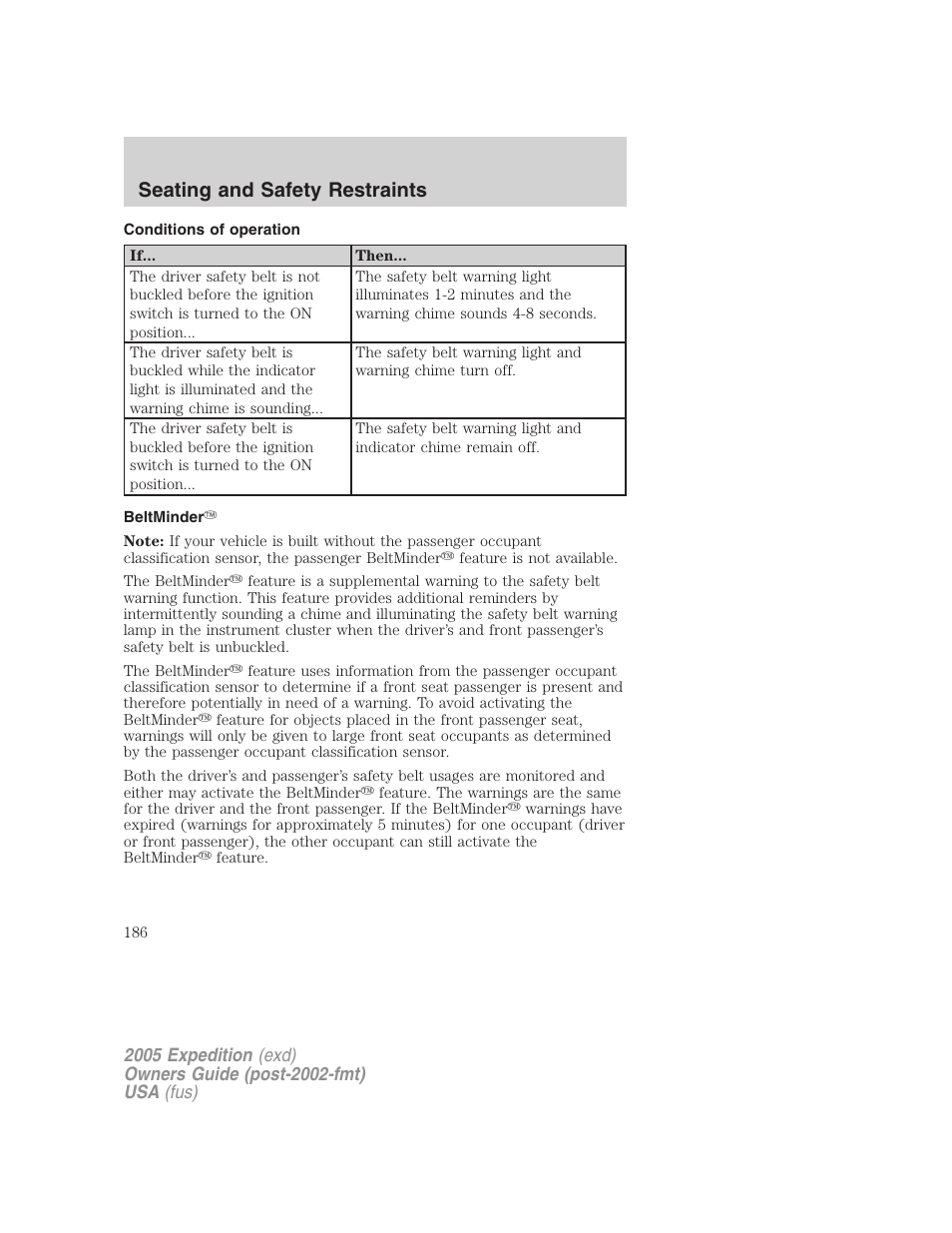 Conditions of operation, Beltminder, Seating and safety restraints | FORD 2005 Expedition v.3 User Manual | Page 186 / 376