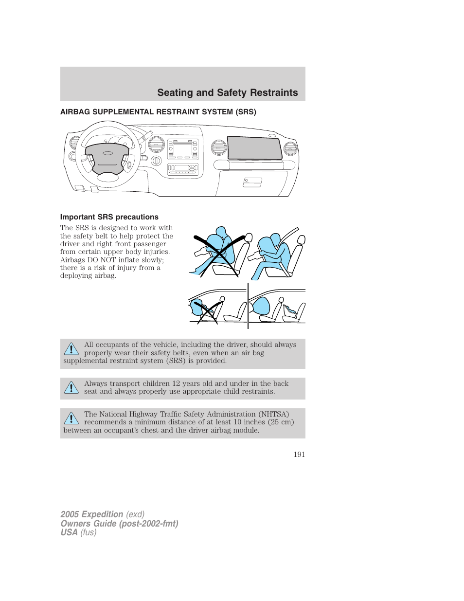 Airbag supplemental restraint system (srs), Important srs precautions, Airbags | Seating and safety restraints | FORD 2005 Expedition v.3 User Manual | Page 191 / 376