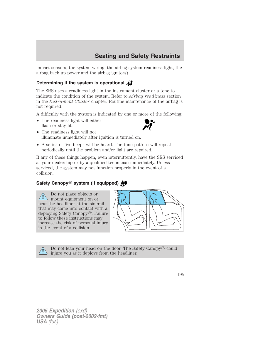 Determining if the system is operational, Safety canopy system (if equipped), Seating and safety restraints | FORD 2005 Expedition v.3 User Manual | Page 195 / 376