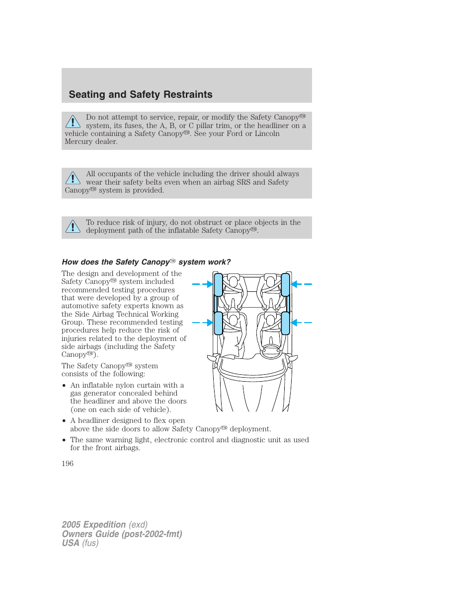 How does the safety canopy system work, Seating and safety restraints | FORD 2005 Expedition v.3 User Manual | Page 196 / 376