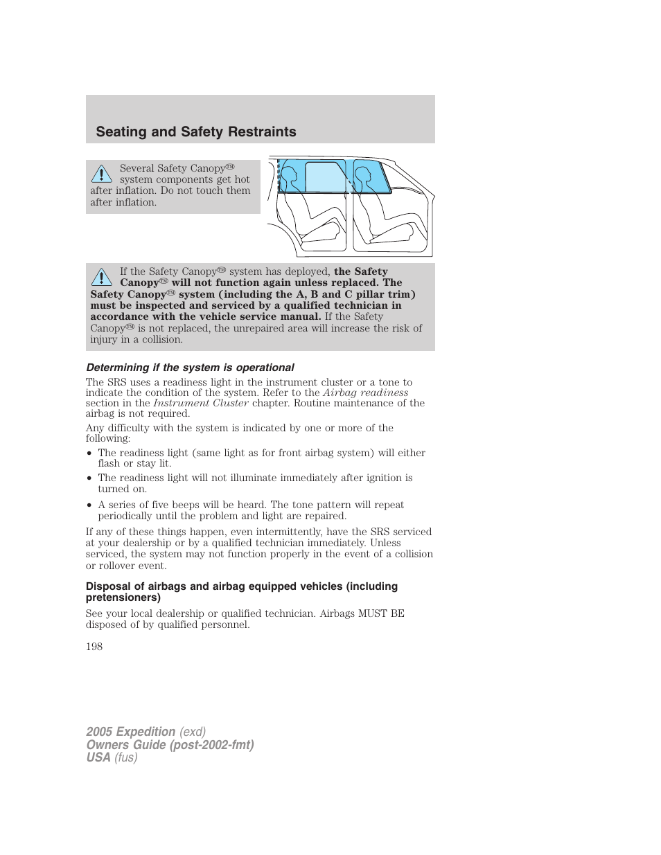 Determining if the system is operational, Seating and safety restraints | FORD 2005 Expedition v.3 User Manual | Page 198 / 376