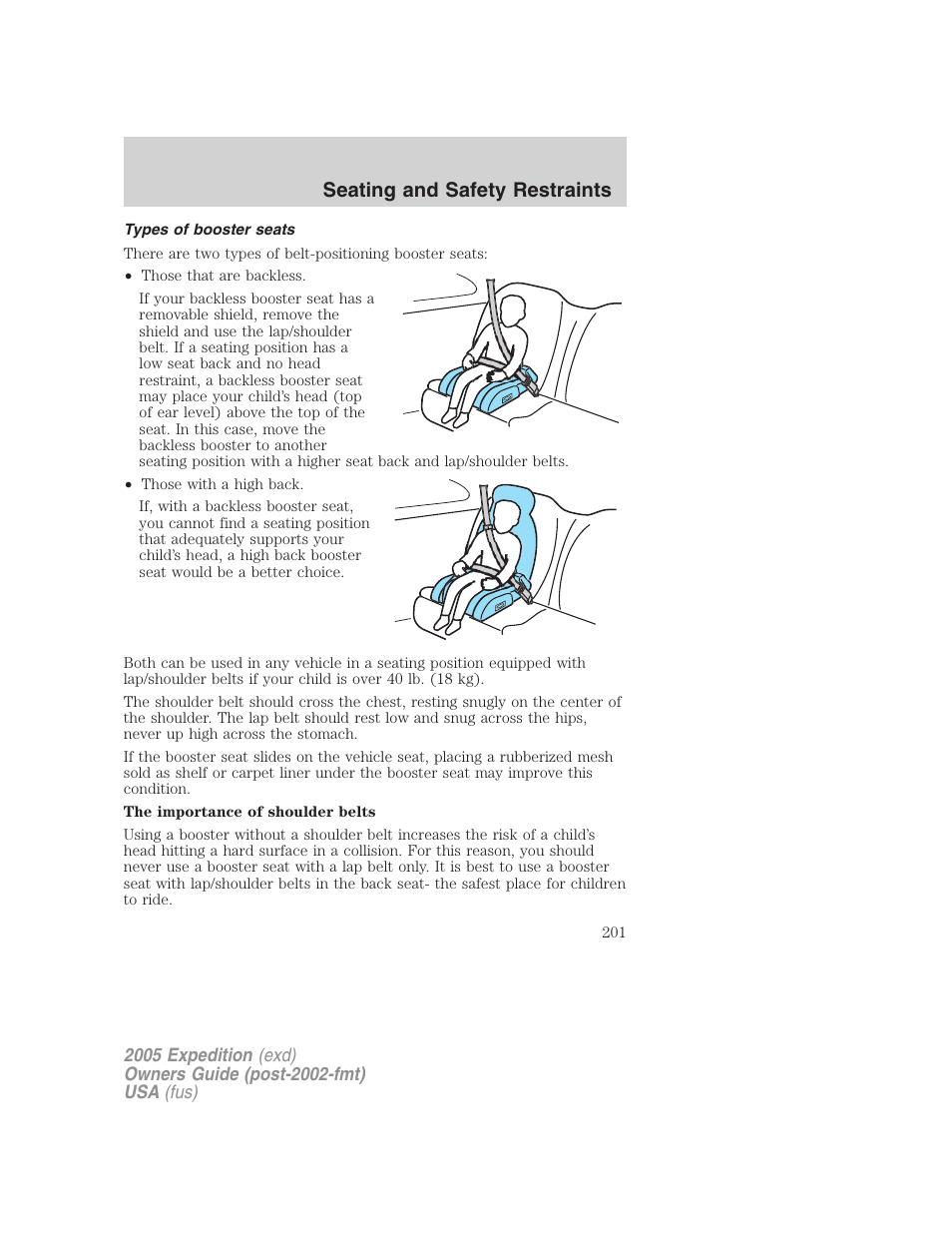 Types of booster seats, Seating and safety restraints | FORD 2005 Expedition v.3 User Manual | Page 201 / 376