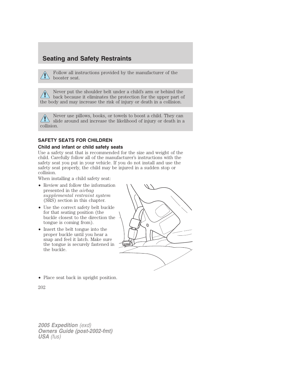 Safety seats for children, Child and infant or child safety seats, Seating and safety restraints | FORD 2005 Expedition v.3 User Manual | Page 202 / 376
