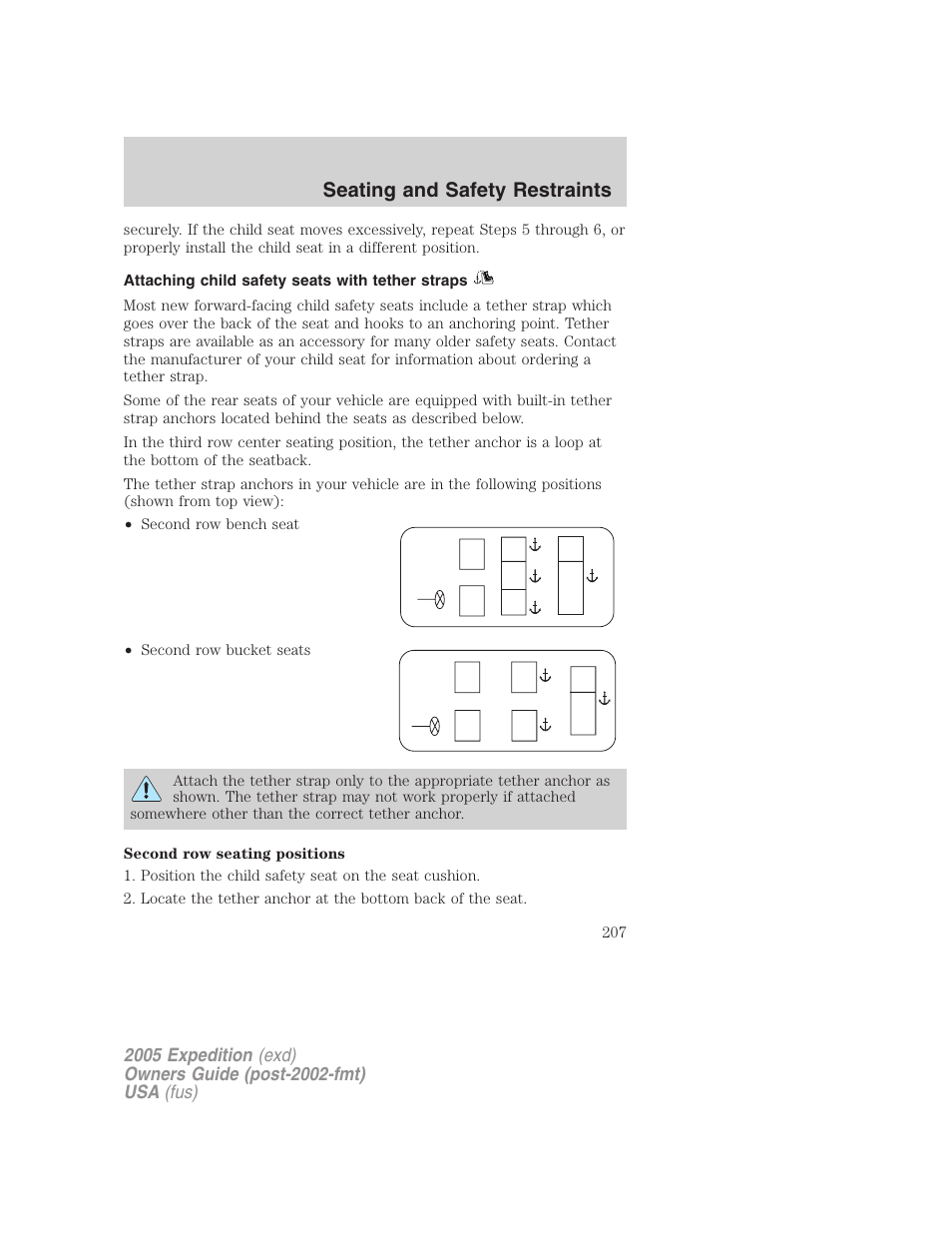 Attaching child safety seats with tether straps, Seating and safety restraints | FORD 2005 Expedition v.3 User Manual | Page 207 / 376