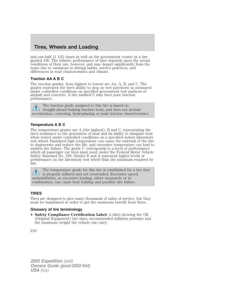Traction aa a b c, Temperature a b c, Tires | Glossary of tire terminology, Tires, wheels and loading | FORD 2005 Expedition v.3 User Manual | Page 216 / 376