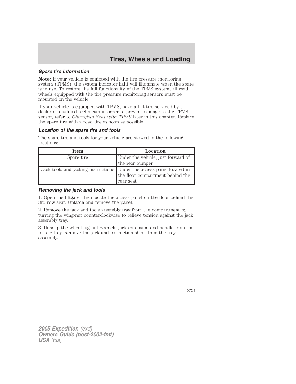 Spare tire information, Location of the spare tire and tools, Removing the jack and tools | Tires, wheels and loading | FORD 2005 Expedition v.3 User Manual | Page 223 / 376