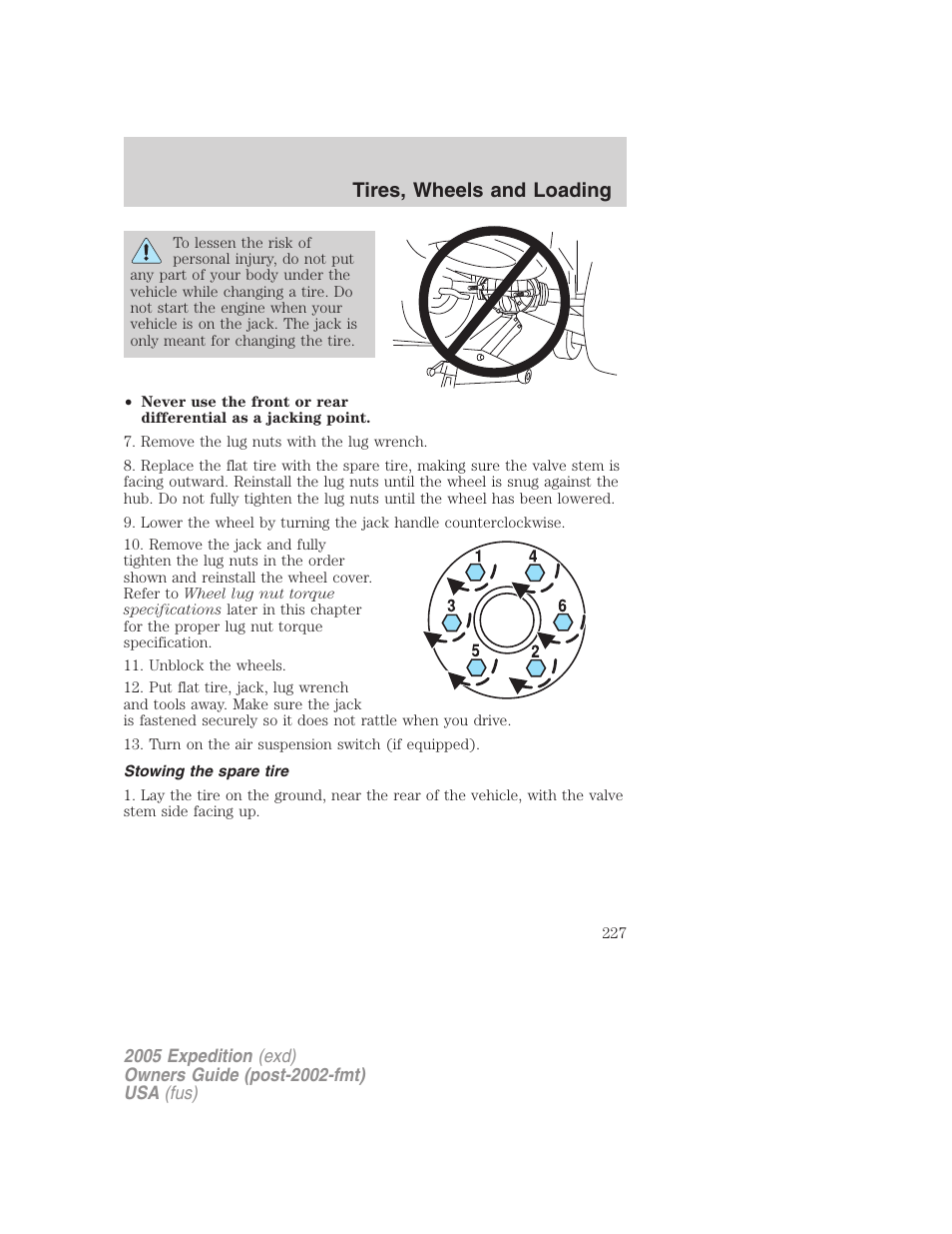 Stowing the spare tire, Tires, wheels and loading | FORD 2005 Expedition v.3 User Manual | Page 227 / 376