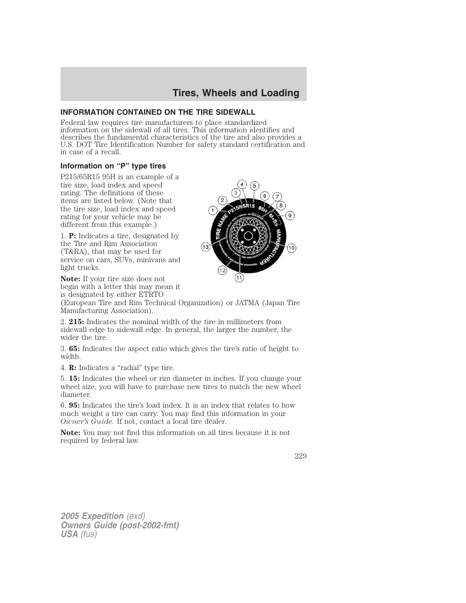 Information contained on the tire sidewall, Information on “p” type tires, Tires, wheels and loading | FORD 2005 Expedition v.3 User Manual | Page 229 / 376