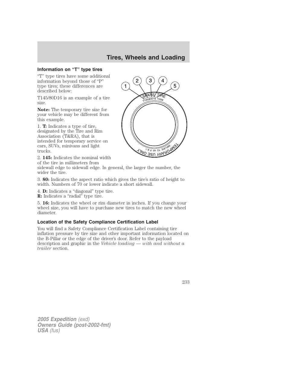 Information on “t” type tires, Tires, wheels and loading | FORD 2005 Expedition v.3 User Manual | Page 233 / 376