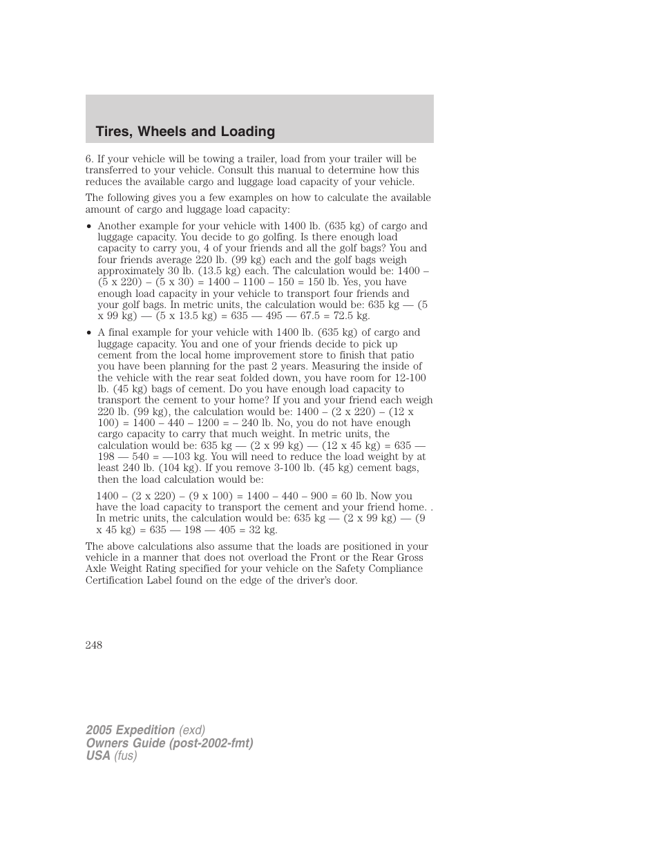 Tires, wheels and loading | FORD 2005 Expedition v.3 User Manual | Page 248 / 376