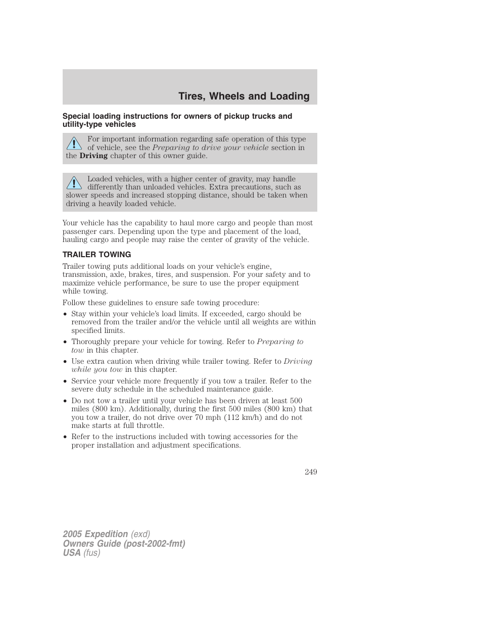 Trailer towing, Tires, wheels and loading | FORD 2005 Expedition v.3 User Manual | Page 249 / 376