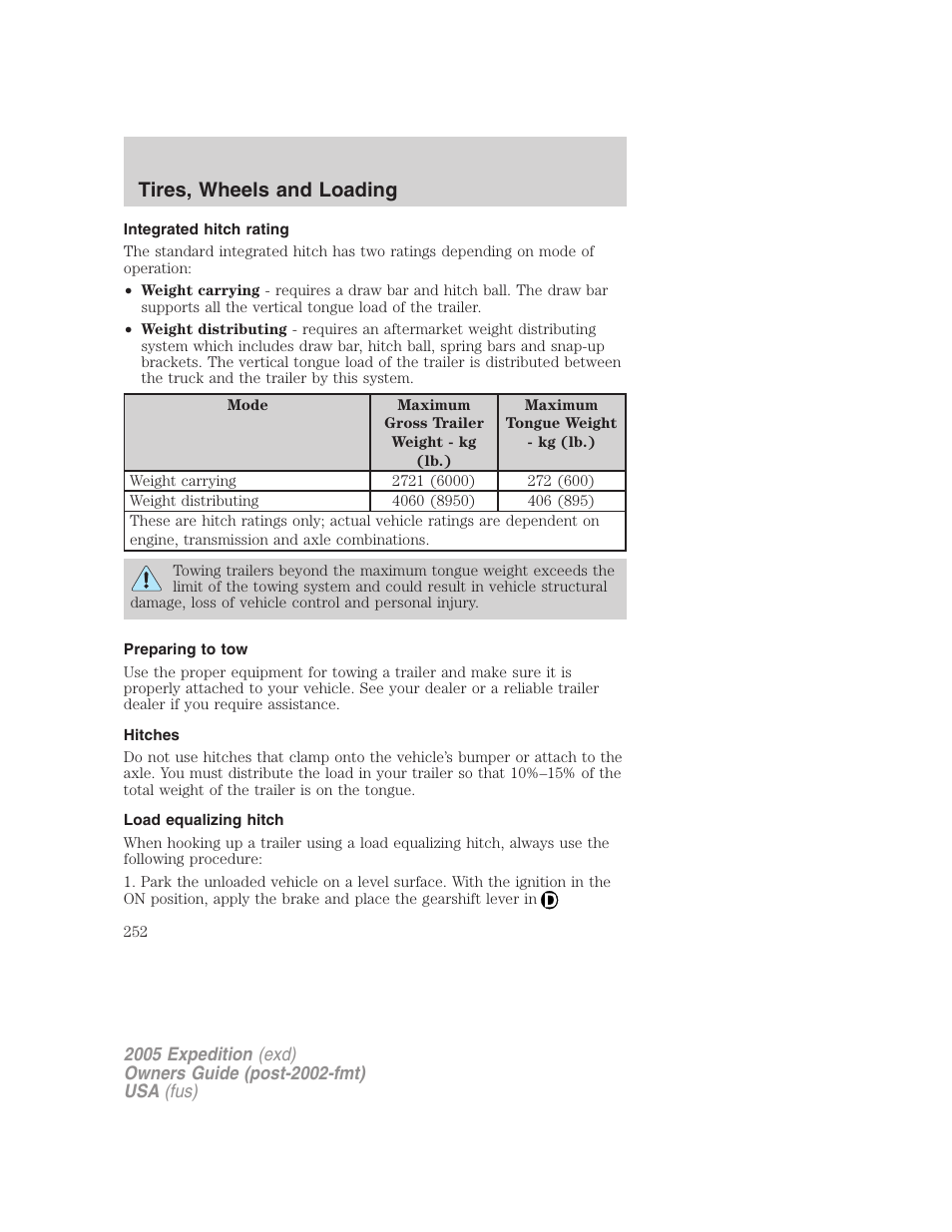 Integrated hitch rating, Preparing to tow, Hitches | Load equalizing hitch, Tires, wheels and loading | FORD 2005 Expedition v.3 User Manual | Page 252 / 376