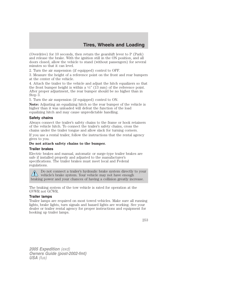 Safety chains, Trailer brakes, Trailer lamps | Tires, wheels and loading | FORD 2005 Expedition v.3 User Manual | Page 253 / 376