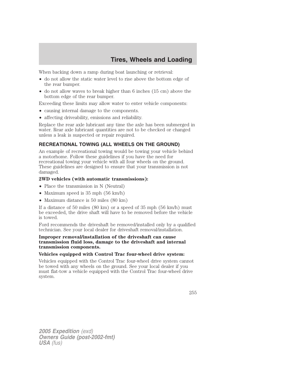 Recreational towing (all wheels on the ground), Recreational towing, Tires, wheels and loading | FORD 2005 Expedition v.3 User Manual | Page 255 / 376