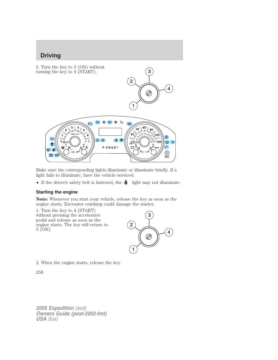 Starting the engine, Driving | FORD 2005 Expedition v.3 User Manual | Page 258 / 376