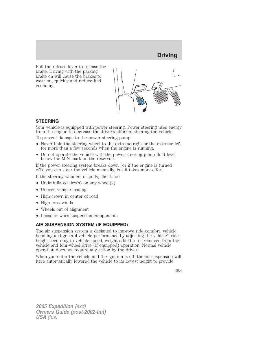 Steering, Air suspension system (if equipped), Air suspension | Driving | FORD 2005 Expedition v.3 User Manual | Page 263 / 376