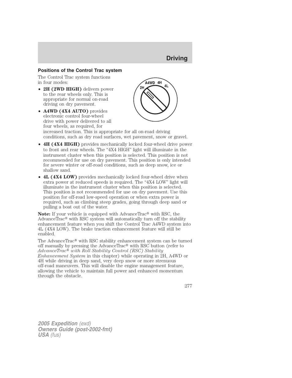 Positions of the control trac system, Driving | FORD 2005 Expedition v.3 User Manual | Page 277 / 376