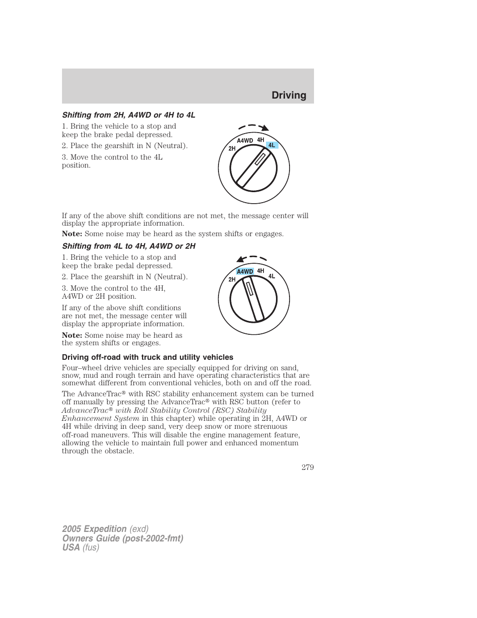 Shifting from 2h, a4wd or 4h to 4l, Shifting from 4l to 4h, a4wd or 2h, Driving off-road with truck and utility vehicles | Driving | FORD 2005 Expedition v.3 User Manual | Page 279 / 376
