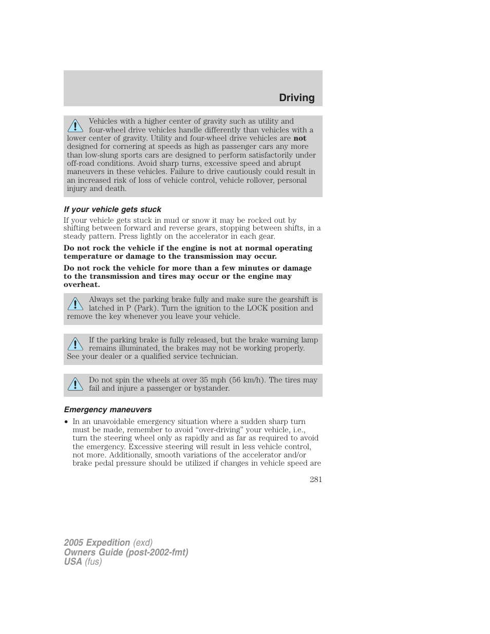 If your vehicle gets stuck, Emergency maneuvers, Driving | FORD 2005 Expedition v.3 User Manual | Page 281 / 376