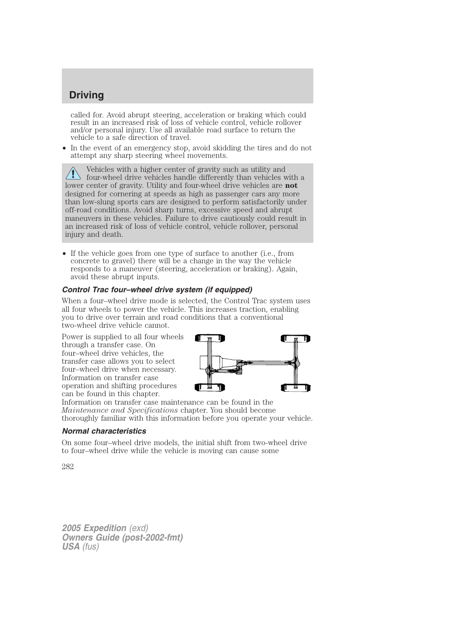 Control trac four–wheel drive system (if equipped), Normal characteristics, Driving | FORD 2005 Expedition v.3 User Manual | Page 282 / 376