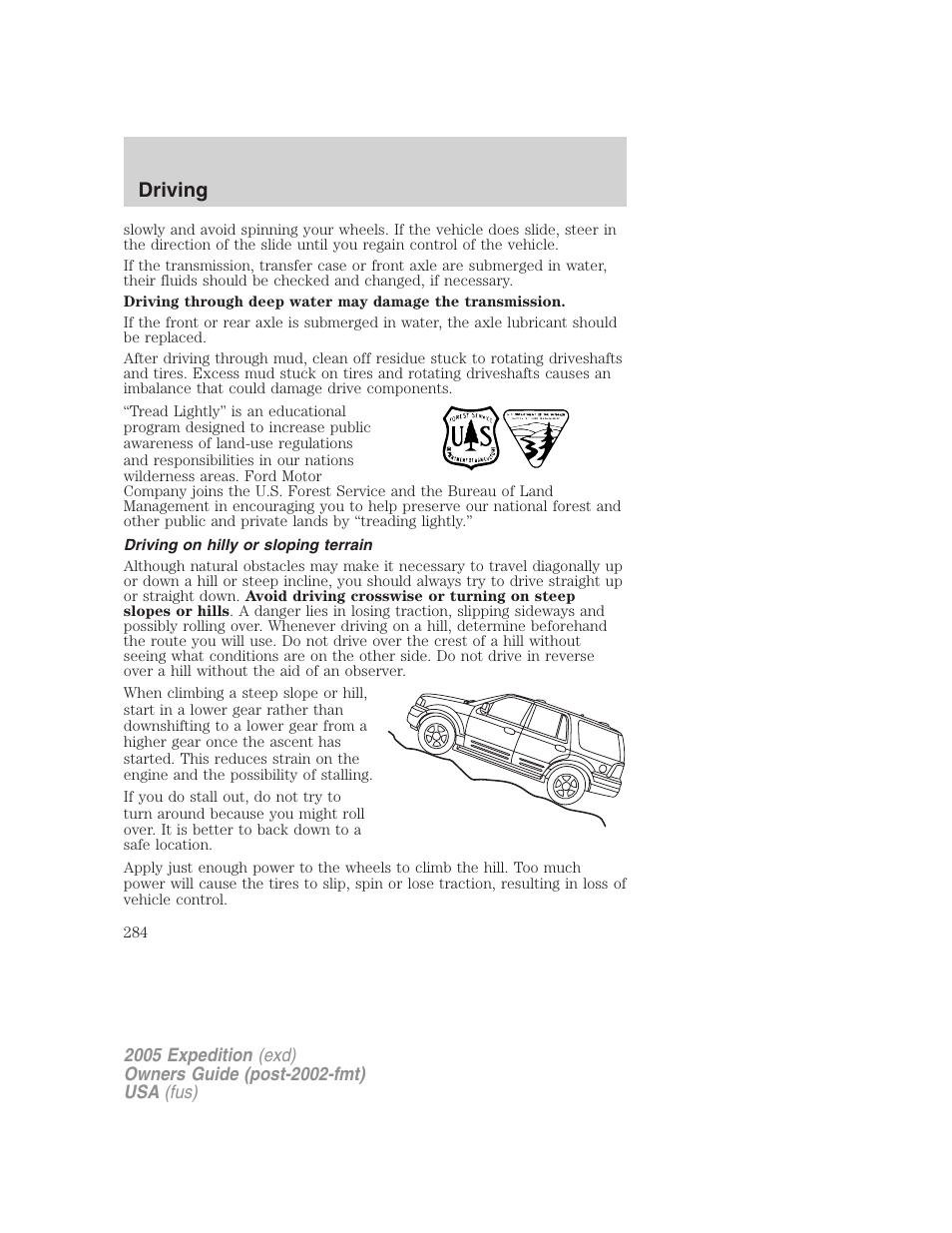 Driving on hilly or sloping terrain, Driving | FORD 2005 Expedition v.3 User Manual | Page 284 / 376