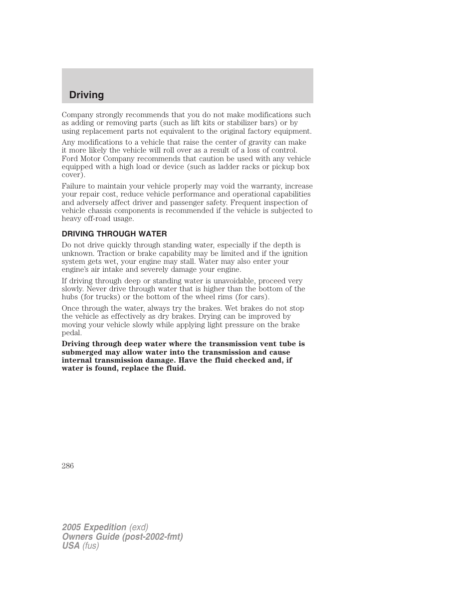 Driving through water, Driving | FORD 2005 Expedition v.3 User Manual | Page 286 / 376