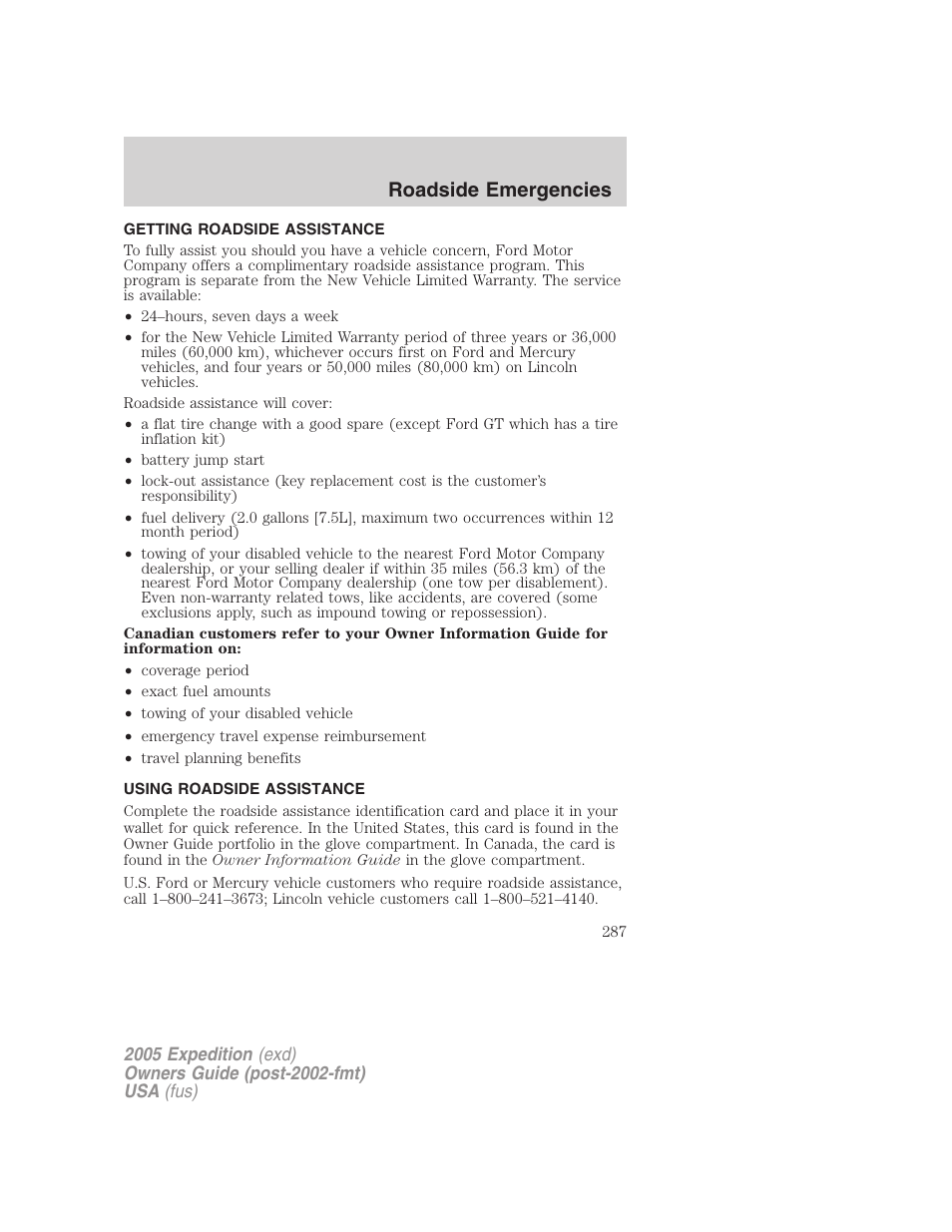 Roadside emergencies, Getting roadside assistance, Using roadside assistance | FORD 2005 Expedition v.3 User Manual | Page 287 / 376