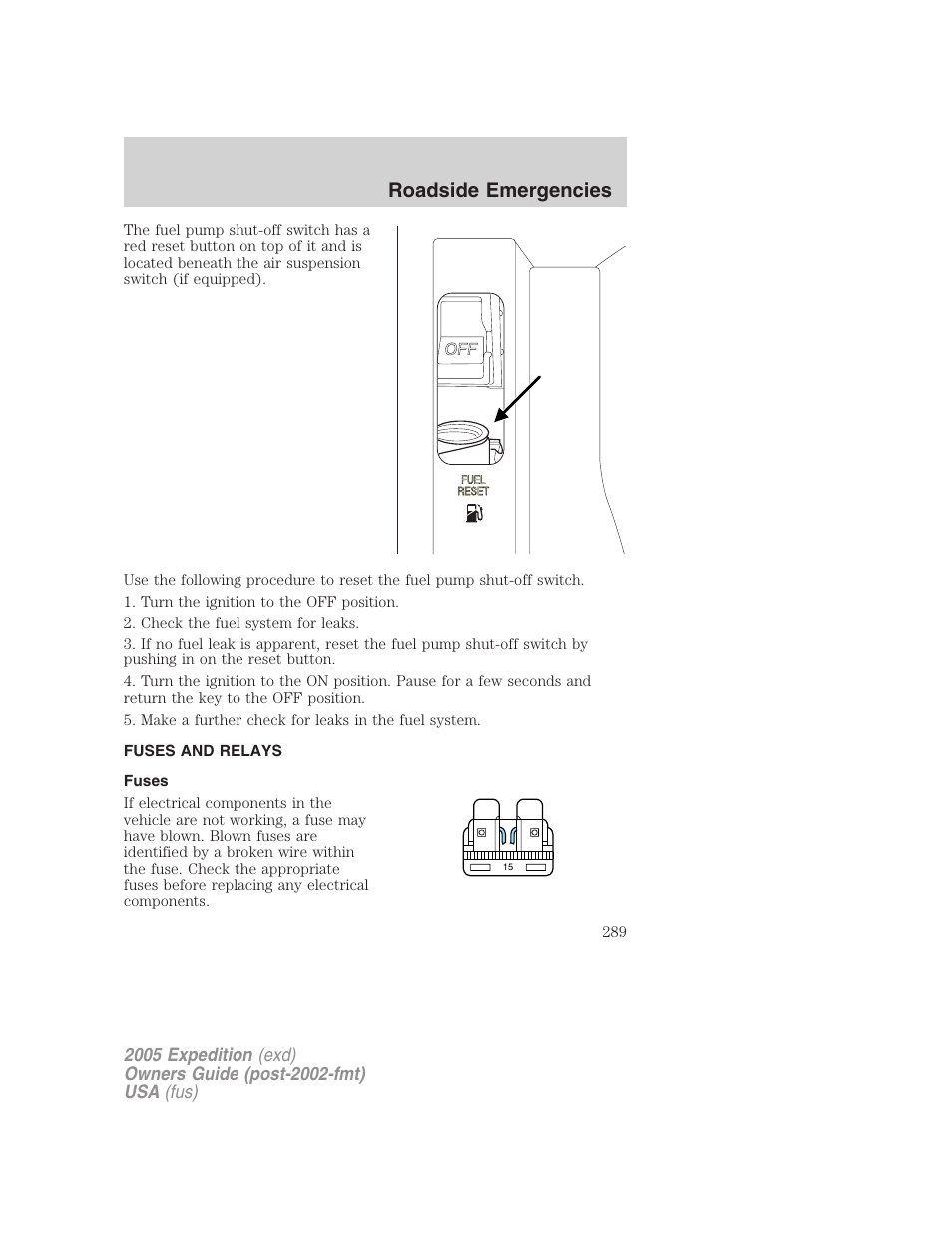 Fuses and relays, Fuses, Roadside emergencies | FORD 2005 Expedition v.3 User Manual | Page 289 / 376